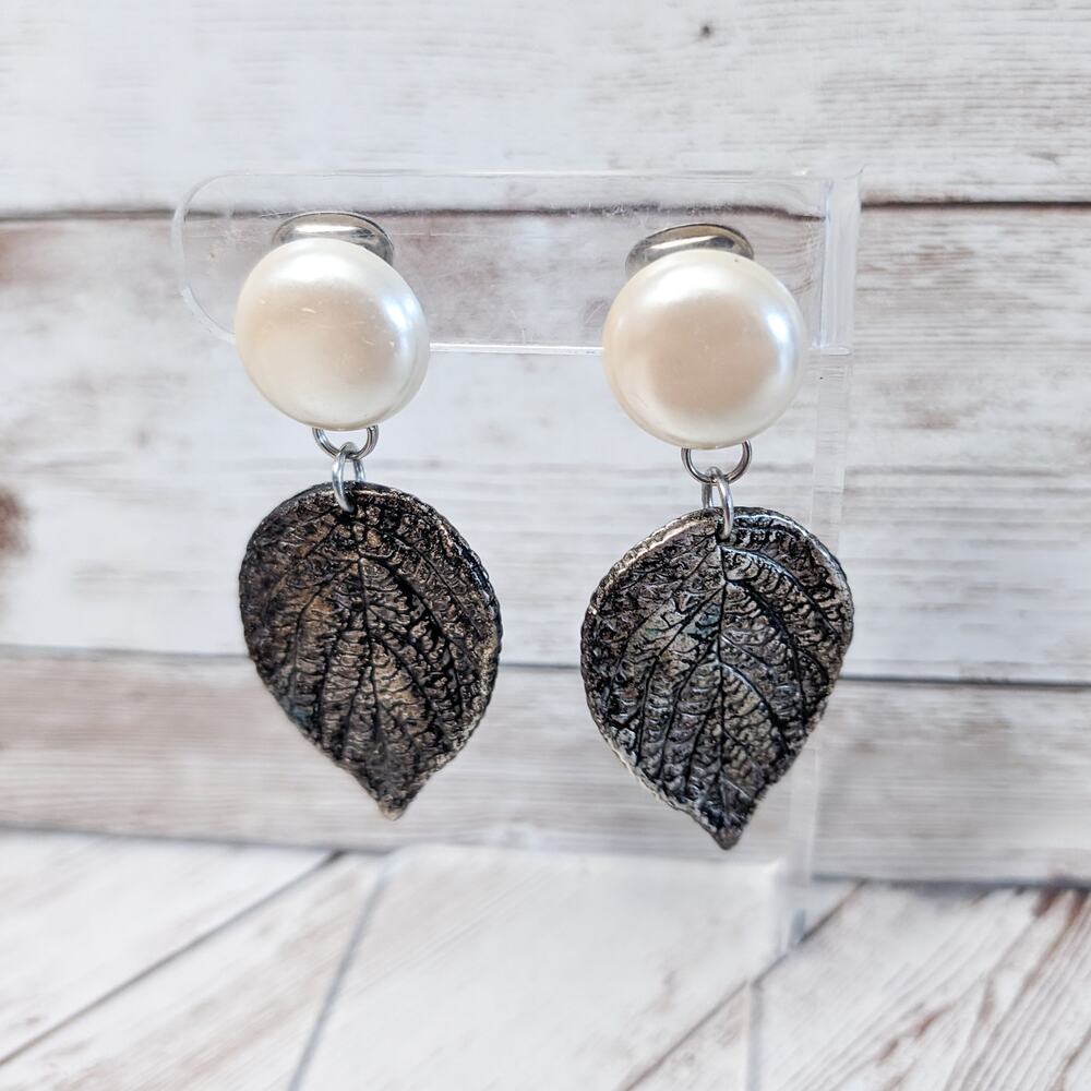Vintage Clip On Earrings Large Faux Pearl & Leaves Dangle Statement